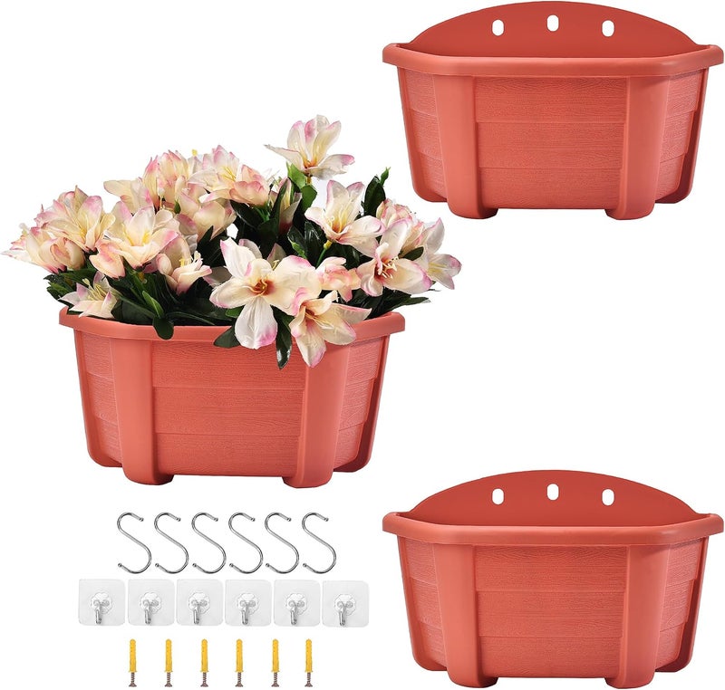 ORIMERC 9.8 inch 3 Pack Brick Red Wall Hanging Planters for Indoor Outdoor Plants Hanging Plant Holder with Drainage Hole Fence Balcony Planters Railing Hanging Pot Plant Wall Mount Decor with Hooks - Image 1